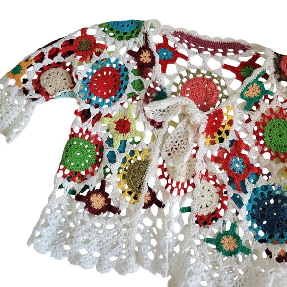 Crafty VTG Style Crochet Granny Flowers Crop Cardigan SM Multi Festival - Picture 14 of 16